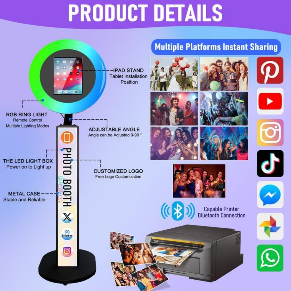 ROOMEDAL Upgraded iPad Photo Booth for iPad 10.2''10.9''11''12.9''Selfie Photo booth Machine ,Free Custom Logo,with RGB Ring Light for Parties Christmas,Wedding Events Rental