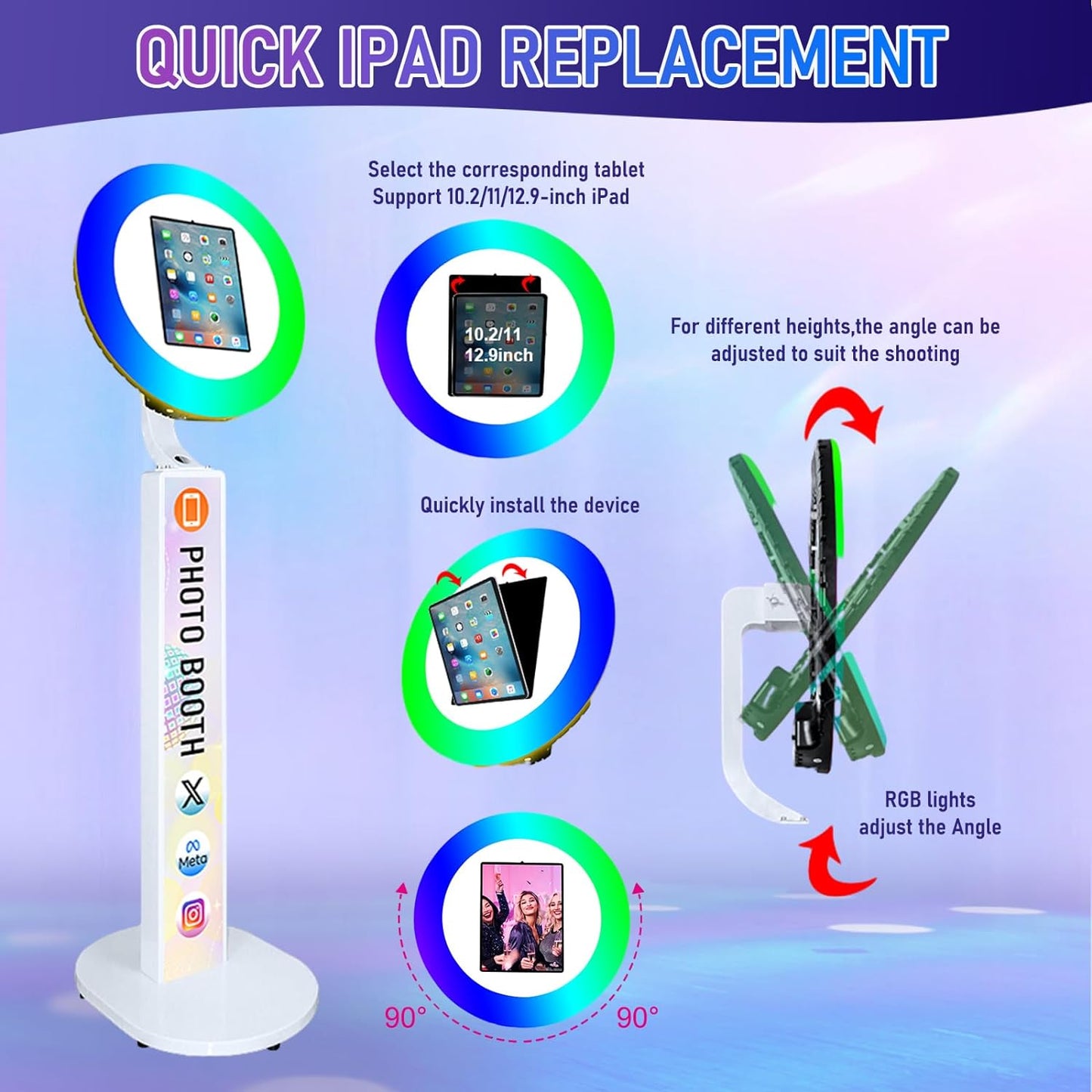 ROOMEDAL Upgraded iPad Photo Booth for iPad 10.2''10.9''11''12.9''Selfie Photo booth Machine ,Free Custom Logo,with RGB Ring Light for Parties Christmas,Wedding Events Rental
