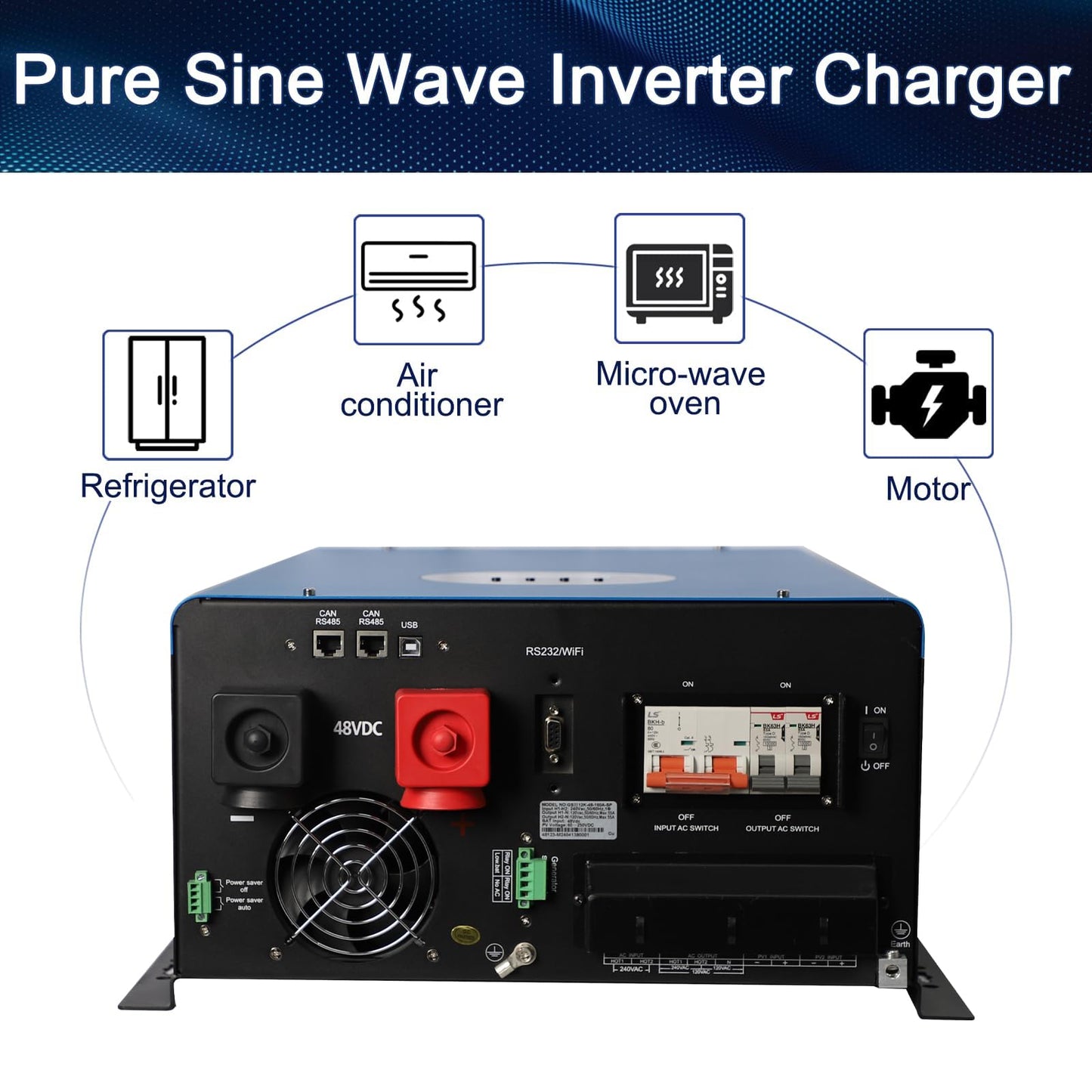UL1741 Solar Off Grid Inverter 110/220Vac Low Frequency DC 48V AC Input 240V AC Output 120V/240V Split Phase Pure Sine Wave Power Converter with MPPT Charger Controller