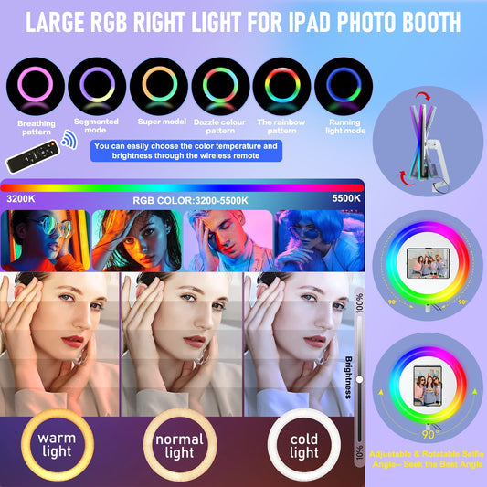 ROOMEDAL New Portable Photo Booth for IPad 10.2" 10.9" 11" 12.9" Selfie Stand Customized Logo Photobooth with RGB LED Ring Ligh for Halloween Christmas Wedding Party Events (Black)