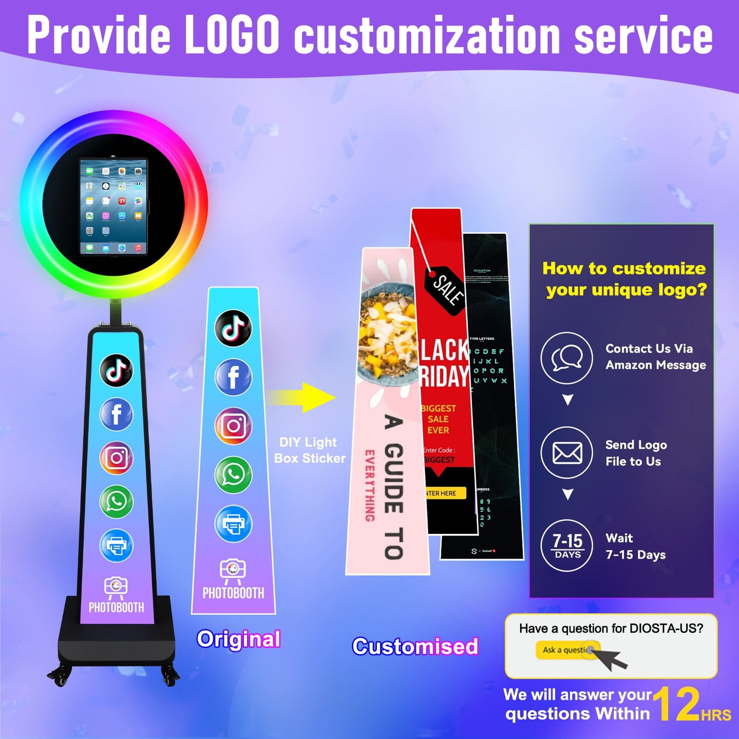 ROOMEDAL New Portable Photo Booth for IPad 10.2" 10.9" 11" 12.9" Selfie Stand Customized Logo Photobooth with RGB LED Ring Ligh for Halloween Christmas Wedding Party Events (Black)