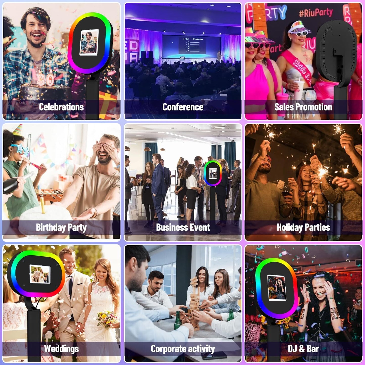 Portable iPad Photo Booth Stand with RGB Ring Light - Compatible with 10.2" to 13" iPad Pro/Air