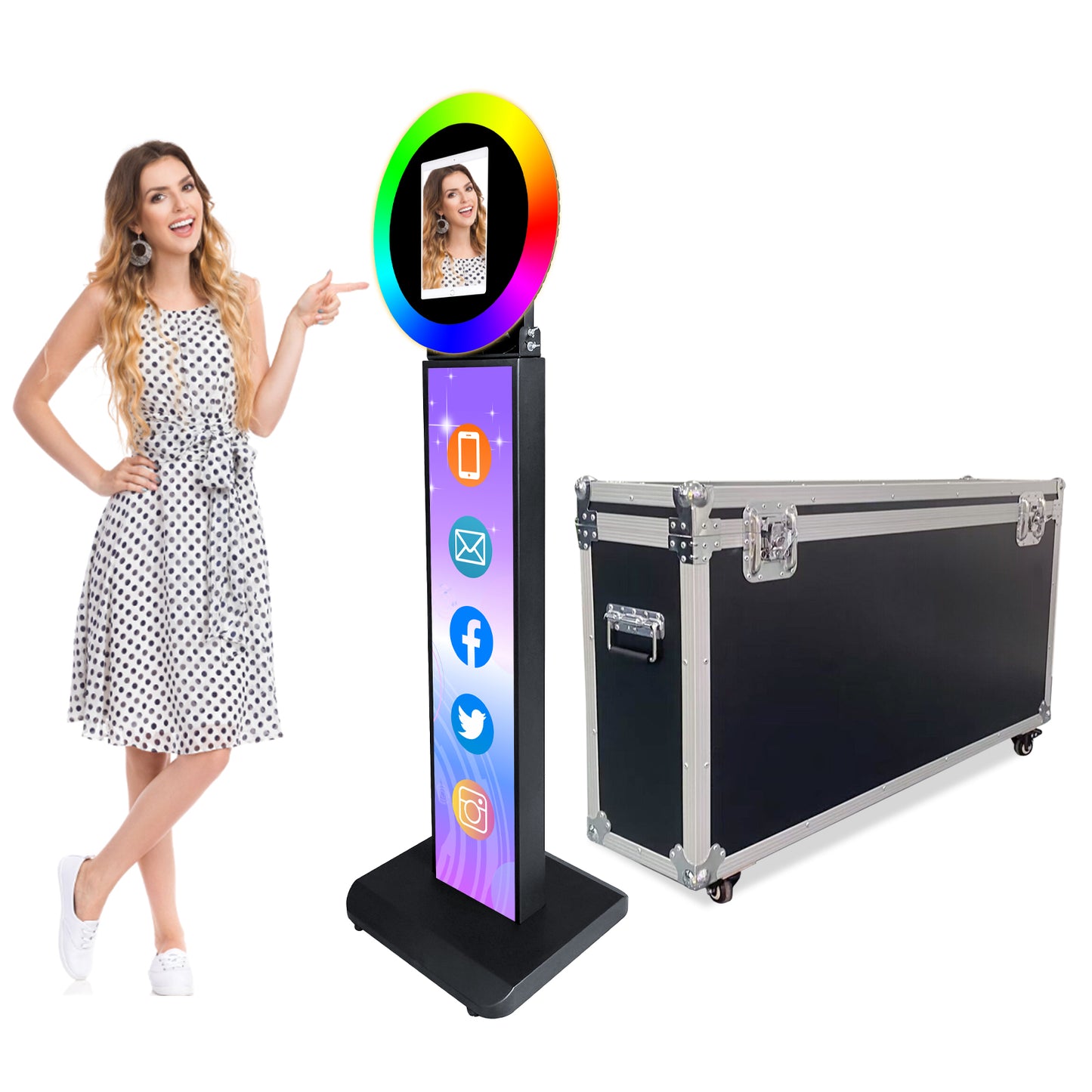 ROOMEDAL Portable iPad Photo Booth, Metal Shell Selfie photobooth Machine for 10.2'' iPad with RGB Ring Light,Free Custom Logo,Remote Control,Flight Case,for Parties,Wedding,Exhibition,Rental Business