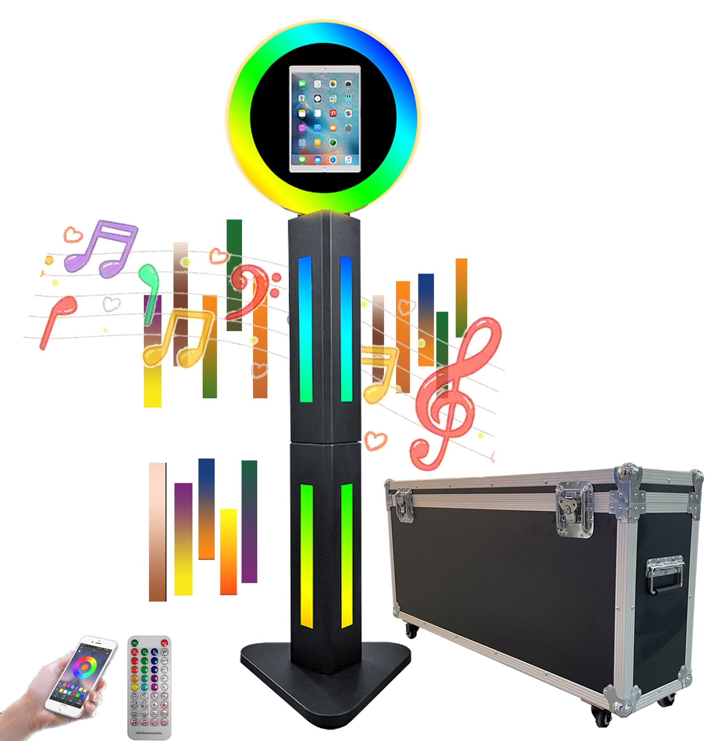ROOMEDAL Portable Photo Booth for 10.2'' iPad,RGB Ring Light,Music Sync RGB Light Box,Bluetooth App and Remote Control,Metal Shell Selfie photobooth Machine,Flight Case, for Parties,Christmas,Wedding