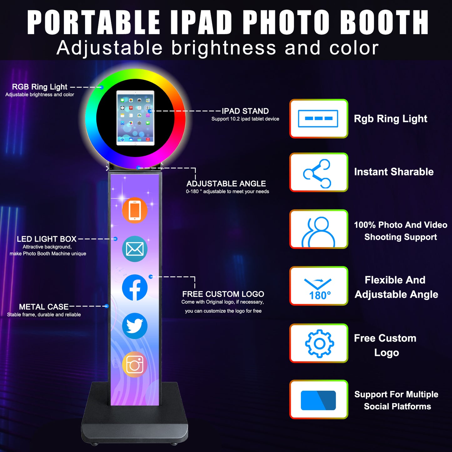 ROOMEDAL Portable iPad Photo Booth, Metal Shell Selfie photobooth Machine for 10.2'' iPad with RGB Ring Light,Free Custom Logo,Remote Control,Flight Case,for Parties,Wedding,Exhibition,Rental Business