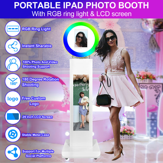 ROOMEDAL Portable iPad Photo Booth, Metal Shell Selfie photobooth Machine for 10.2'' iPad with RGB Ring Light, LCD Screen, Remote Control, for Parties, Wedding, Exhibition, Rental Business