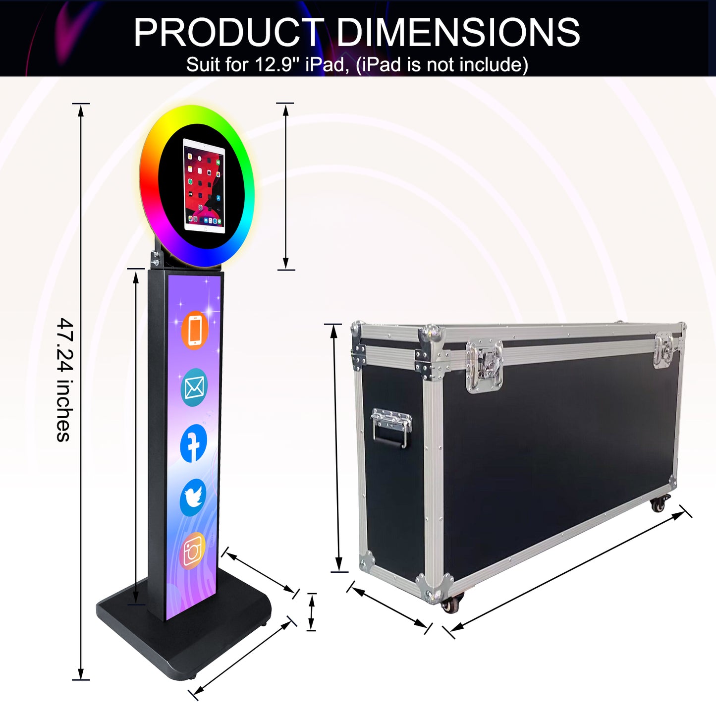 ROOMEDAL Portable iPad Photo Booth, Metal Shell Selfie photobooth Machine for 10.2'' iPad with RGB Ring Light,Free Custom Logo,Remote Control,Flight Case,for Parties,Wedding,Exhibition,Rental Business
