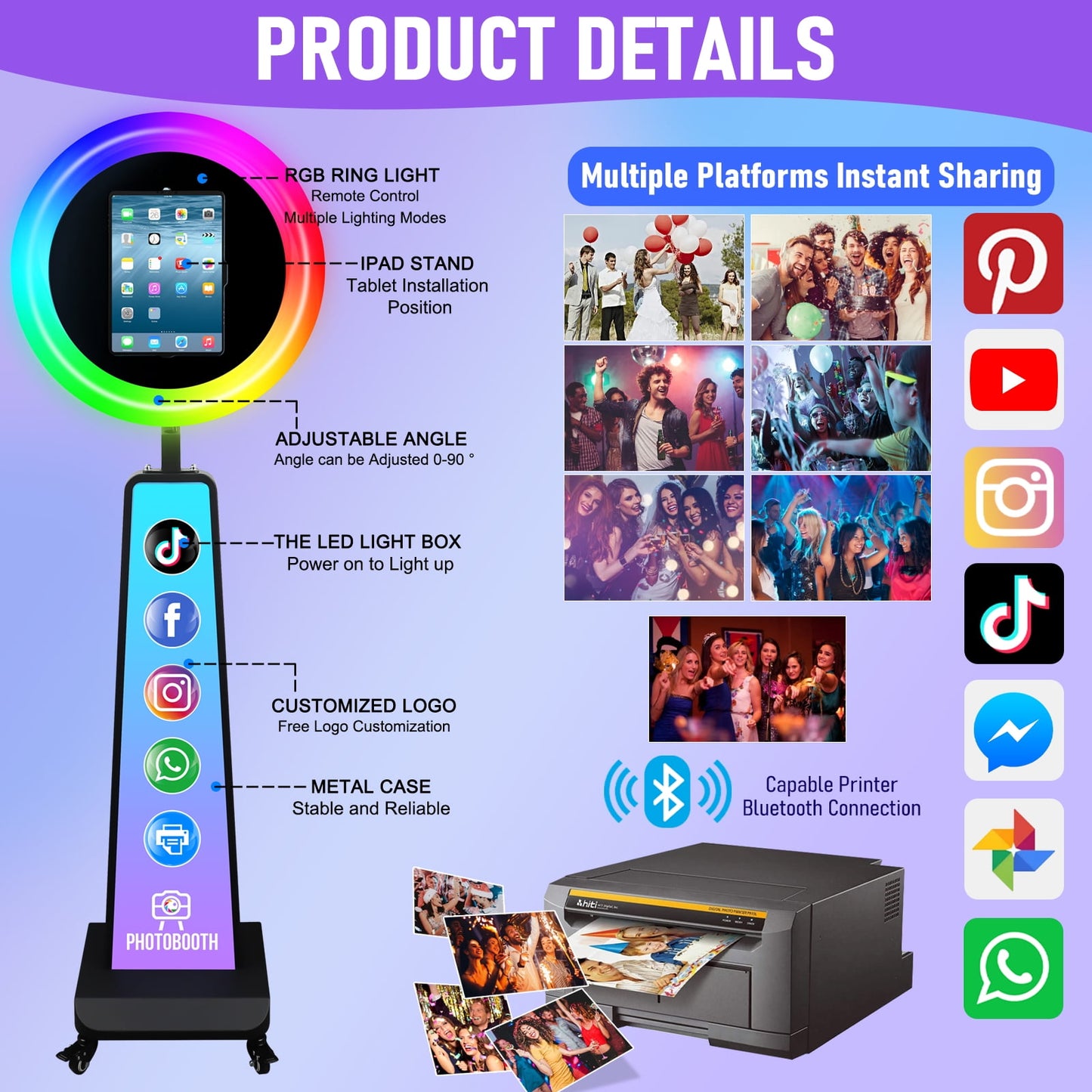 ROOMEDAL New Portable Photo Booth for IPad 10.2" 10.9" 11" 12.9" Selfie Stand Customized Logo Photobooth with RGB LED Ring Ligh for Halloween Christmas Wedding Party Events （Black）