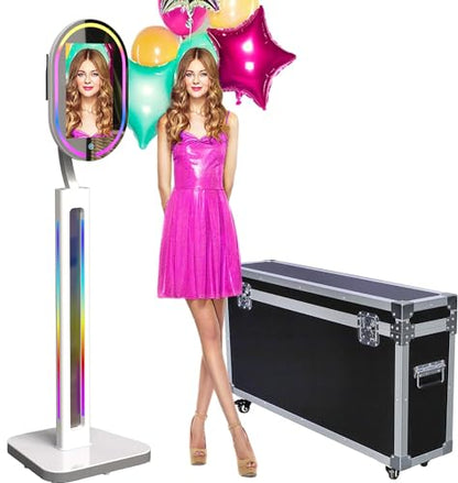 13.3 Inch Portable Mirror Photo Booth with Camera Magic Mirror Shell Stand Selfie Photobooth Machine Touch Screen with Round Ring Light and Flight Case