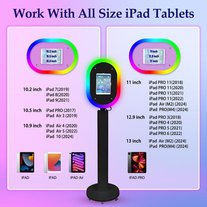 Portable iPad Photo Booth Stand with RGB Ring Light - Compatible with 10.2" to 13" iPad Pro/Air