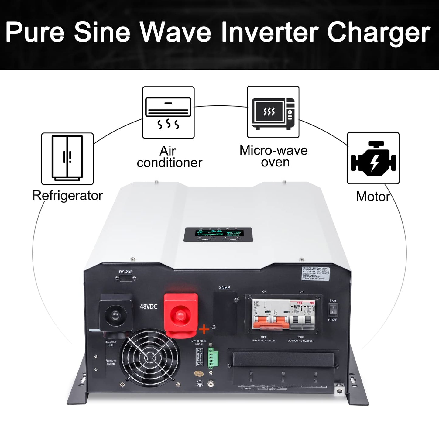 UL1741 8KW 48 Volt Solar Inverter Charger, DC 48V AC Input 240V AC Output 120V/240V Power Pure Sine Wave Power Inverter, 2x60A MPPT Solar Charger, Charge Current 200A