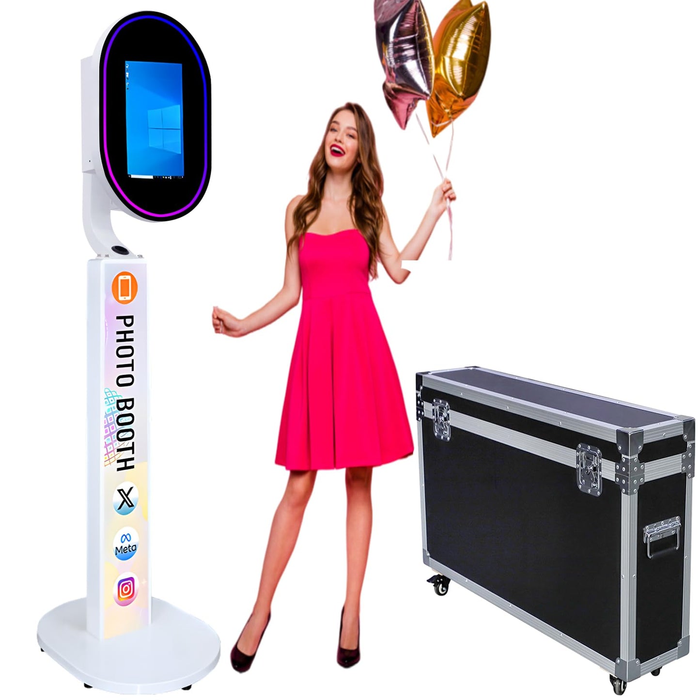 Mirror Photo Booth with Camera APP Software Magic Selfie Station Shell Stand Customized Logo Photobooth Machine Touch Screen with Ring Light and Flight Case for Events Wedding Rental