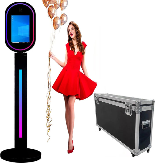 ROOMEDAL 13.3 In Portable Touch Mirror Photo Booth Built-in Mini PC & Camera Photo Booth with Round Ring Light and Flight Case for Events Wedding Rental Business