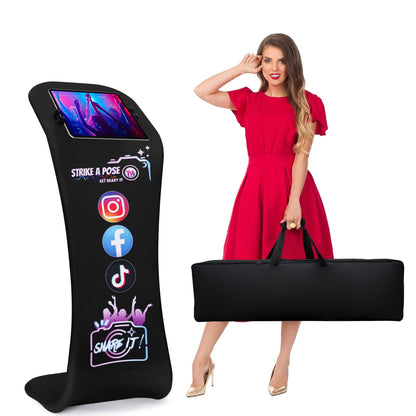 Photo Booth for iPad Holder Stands Sharing Shell Selfie Station with Logo Print Tension Fabric Display Tablet Kiosk Stand Printed Aluminum Alloy Photobooth with Portable Bag for Events Rental