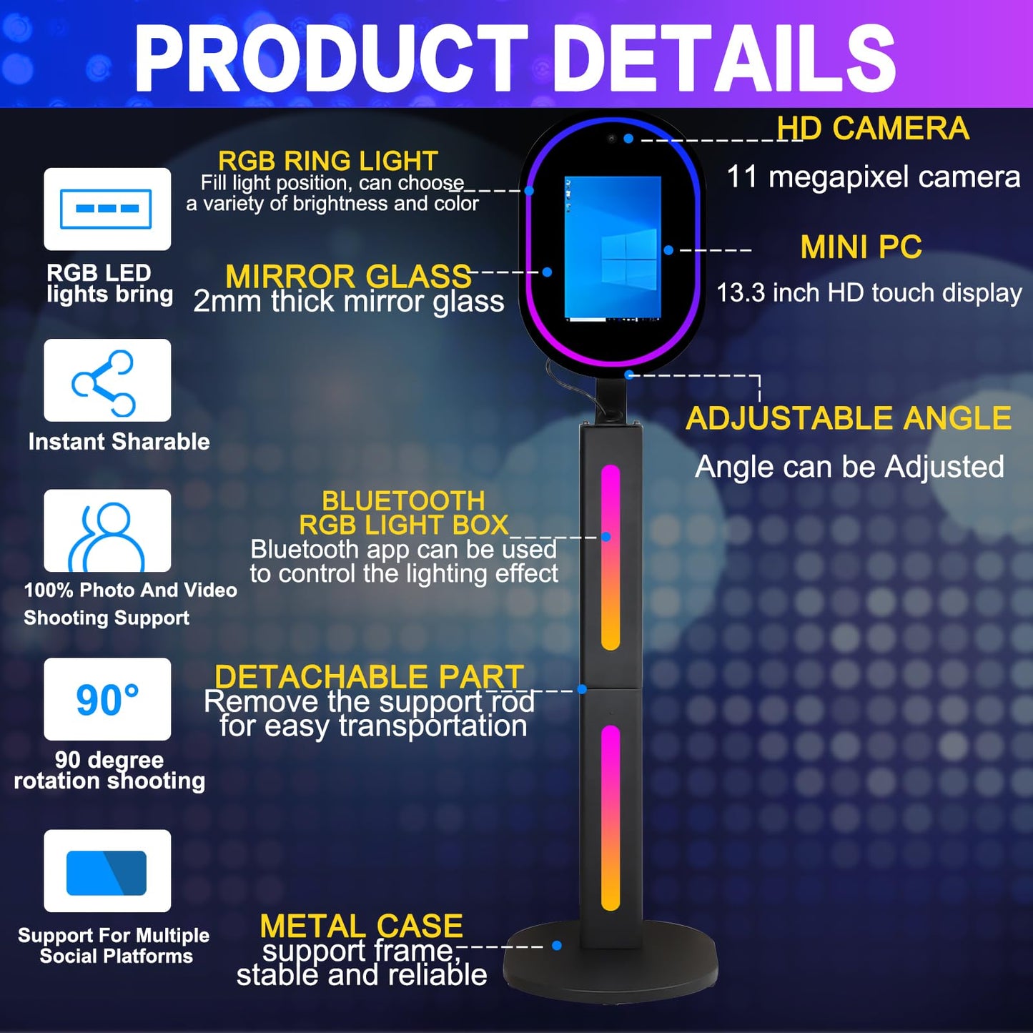 Mirror Photo Booth with Camera APP Software Magic Selfie Station Shell Stand Photobooth Machine Touch Screen with Ring Light and Trolley Flight Case for Events Wedding Rental Christmas