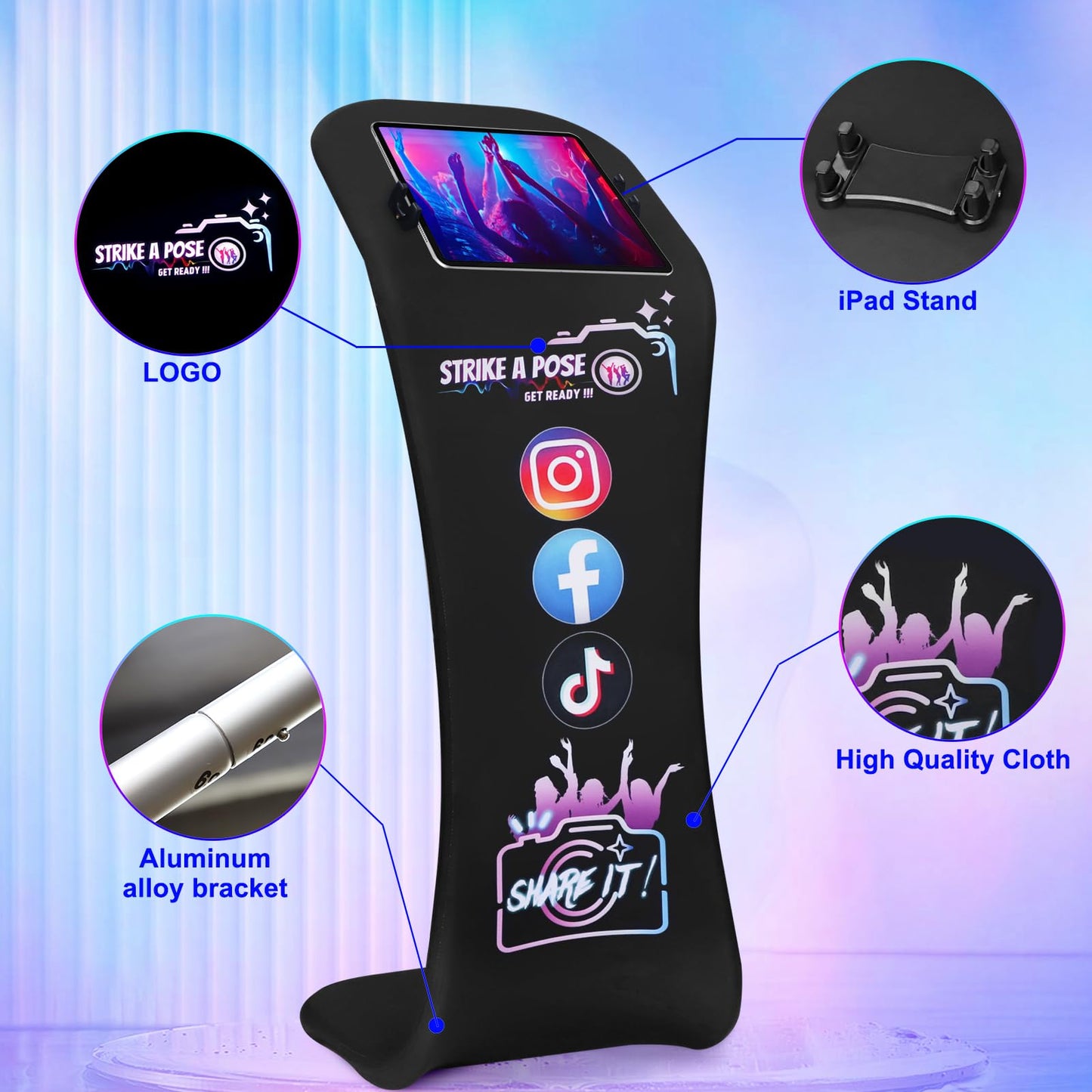 Photo Booth for iPad Holder Stands Sharing Shell Selfie Station with Logo Print Tension Fabric Display Tablet Kiosk Stand Printed Aluminum Alloy Photobooth with Portable Bag for Events Rental