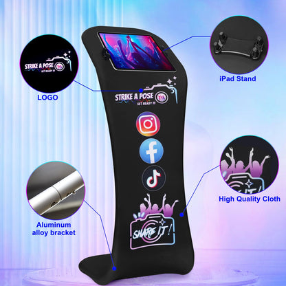 Photo Booth for iPad Holder Stands Sharing Shell Selfie Station with Logo Print Tension Fabric Display Tablet Kiosk Stand Printed Aluminum Alloy Photobooth with Portable Bag for Events Rental