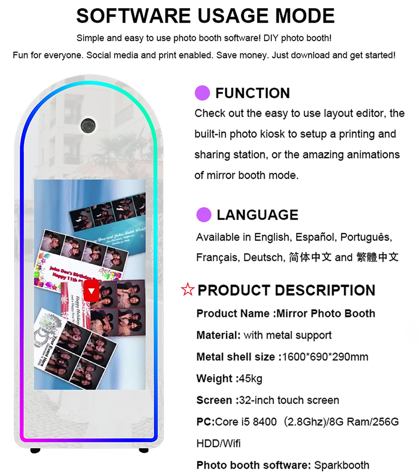 Magic Mirror Photo Booth for Camera, with 32in Touch All-in-one, Selfie Camera Photo Booth Selfie Station, Flight Case,for Parties,Wedding,Exhibition