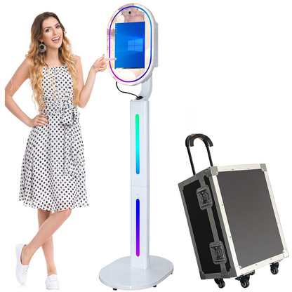 ROOMEDAL 13.3 In Portable Touch Mirror Photo Booth Built-in Mini PC & Camera Photo Booth with Round Ring Light and Trolley Flight Case for Events Wedding Rental Business