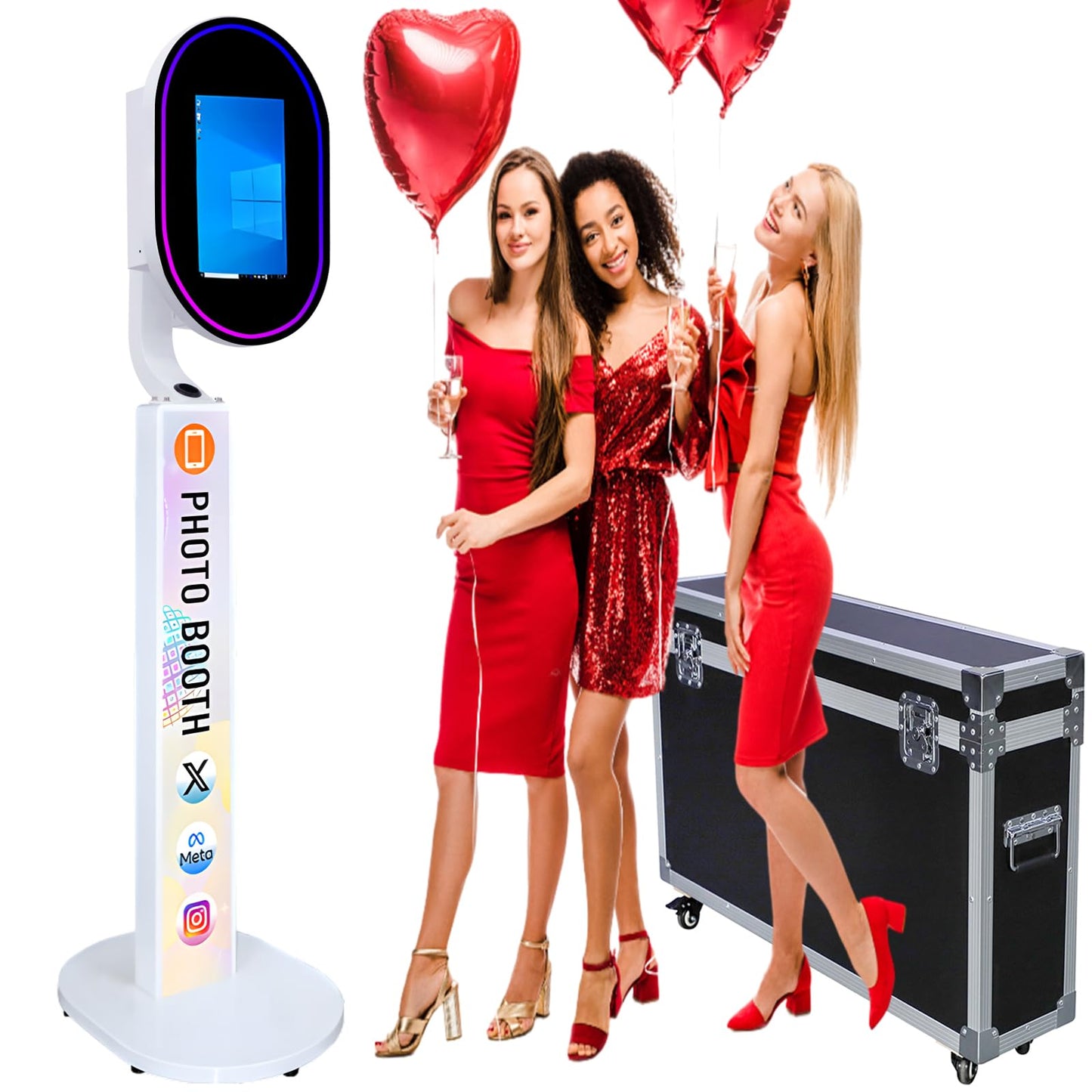 13.3 Inch Portable Mirror Photo Booth for Canon 2000D,1500D Camera Magic Shell Stand Selfie Photobooth Machine Touch Screen with Round Ring Light and Flight Case for Wedding Rental