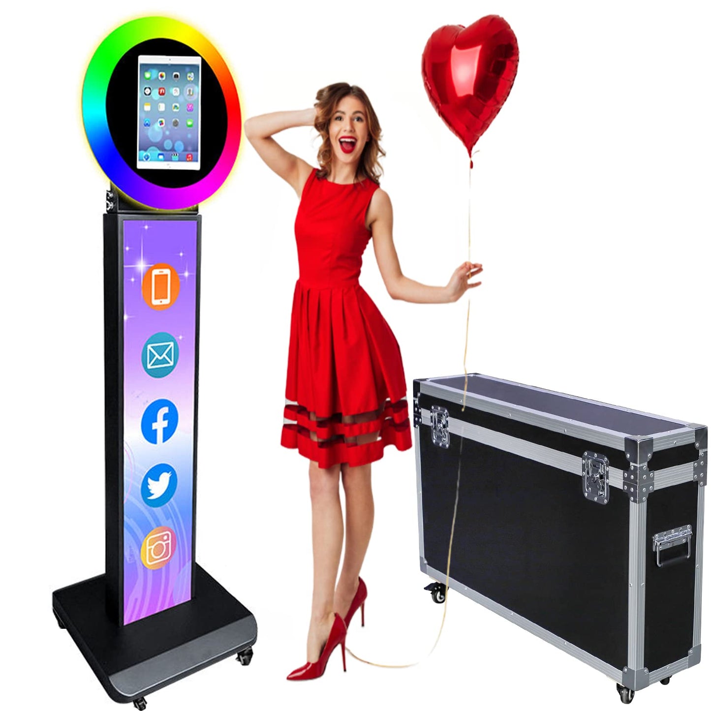 Portable Photo Booth Machine for iPad 10.2" 10.9" 11" 12.9" Shell Stand Selfie Photobooth with Custom Logo RGB Ring Light Remote Control and Flight Case for Parties Events Rental Wedding