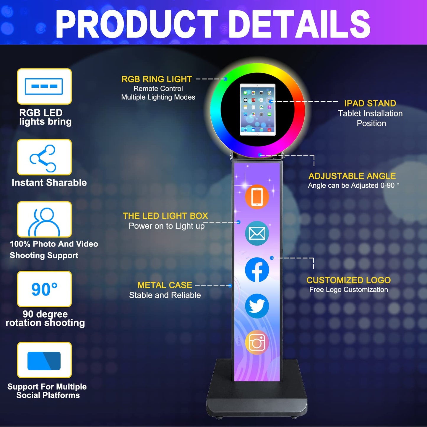 Portable Photo Booth Shell Selfie Machine Adjustable Stand Photobooth with RGB LED Ring Light for Wedding Christmas