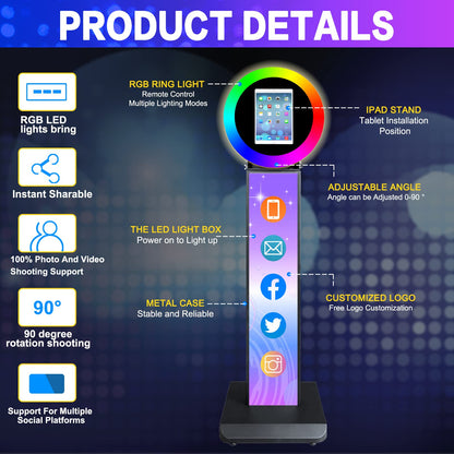 Portable Photo Booth Shell Selfie Machine Adjustable Stand Photobooth with RGB LED Ring Light for Wedding Christmas