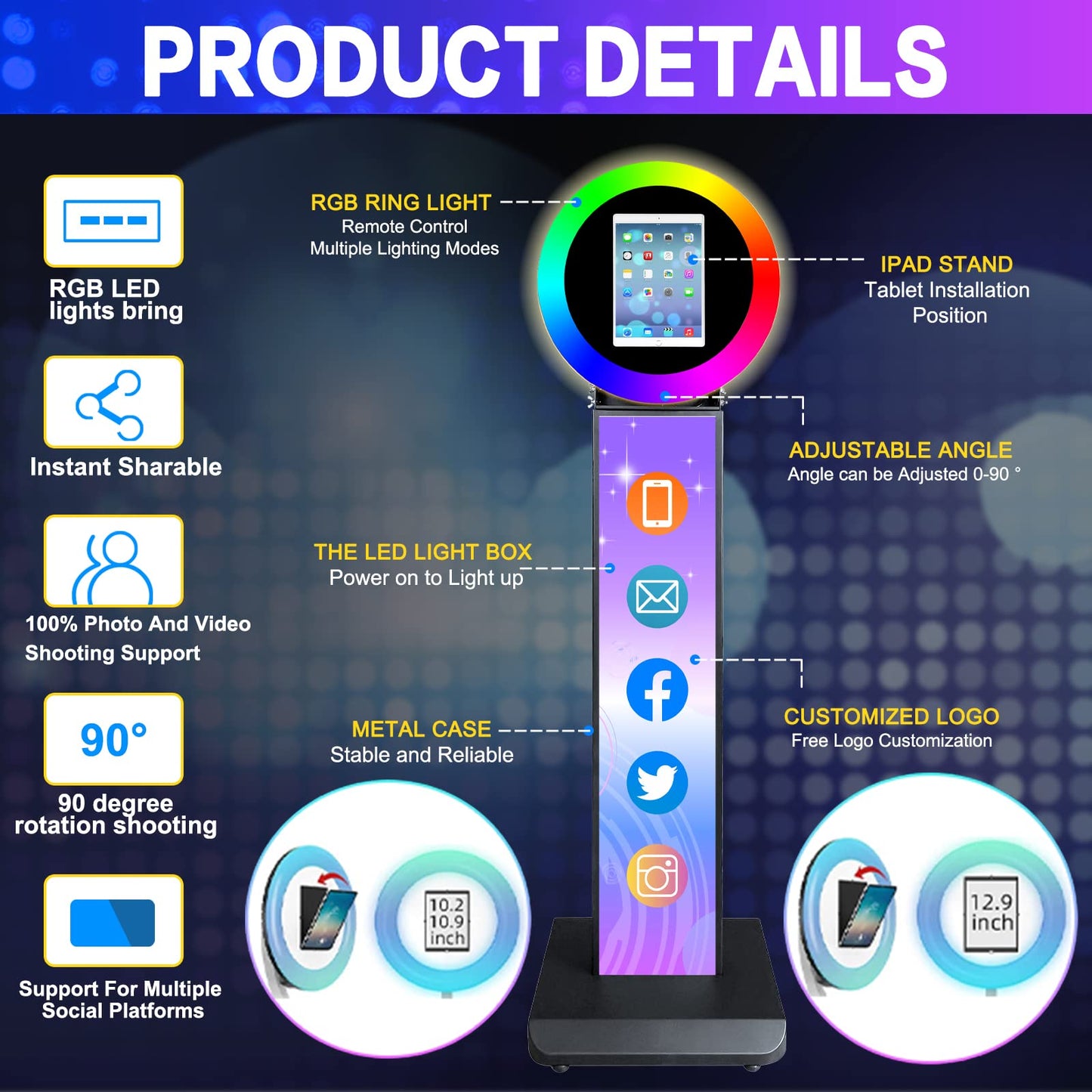Photo Booth for IPad 10.2" 10.9" 11" 12.9" Shell Stand Selfie Photobooth Machine with Custom Logo Ring Light Remote Control and Flight Case for Events Wedding Parties Rental