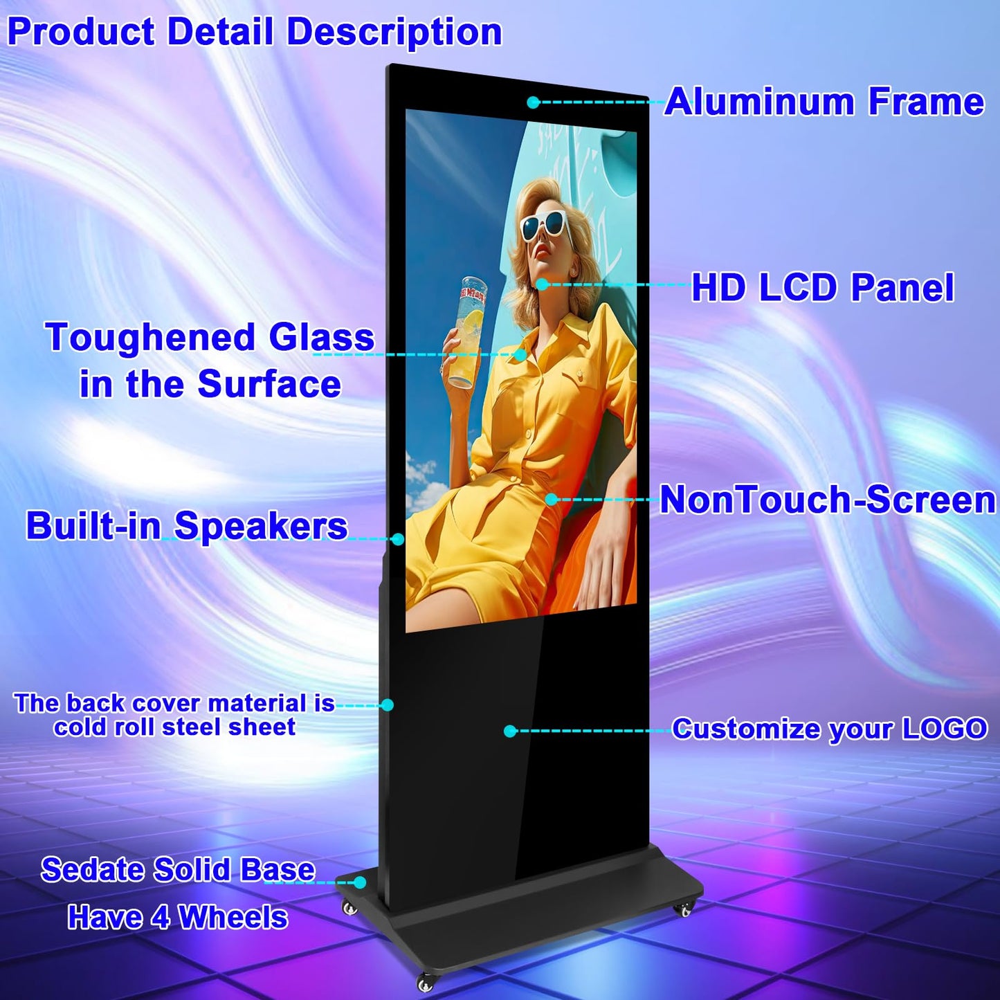 Digital Signage Displays Kiosks Advertizing Screen IPS Full HD LCD Screen Floor Standing Digital Interactive Display with WiFi HDMI/USB Input Auto AD Player, Android OS