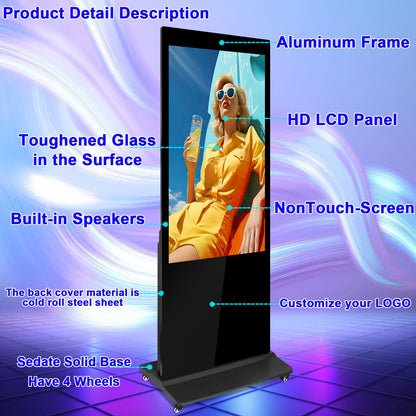 Digital Signage Displays Kiosks Advertizing Screen IPS Full HD LCD Screen Floor Standing Digital Interactive Display with WiFi HDMI/USB Input Auto AD Player, Android OS