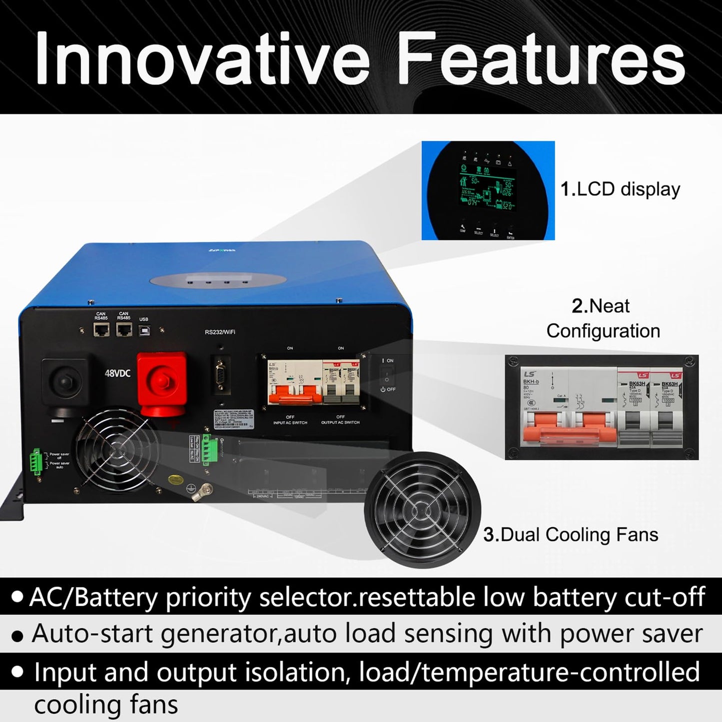 UL1741 Solar Off Grid Inverter 110/220Vac Low Frequency DC 48V AC Input 240V AC Output 120V/240V Split Phase Pure Sine Wave Power Converter with MPPT Charger Controller