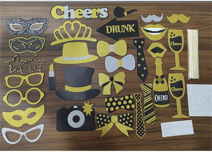 30 Pieces Photo Booth Props Party Prop Photoshoot Black and Gold Photobooth Picture Pose Sign Kit Supplies for Weddings Happy Birthday Graduation