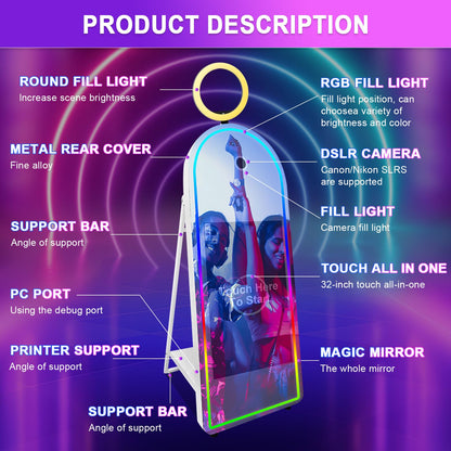 Mirror Photo Booth for Canon Camera Shell Stand Selfie Touch Screen Machine Photobooth with RGB Light Ring and Flight Case for Events Parties Wedding Rental