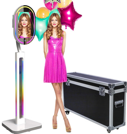 13.3 Inch Portable Mirror Photo Booth with Camera Magic Mirror Shell Stand Selfie Photobooth Machine Touch Screen with Round Ring Light and Flight Case