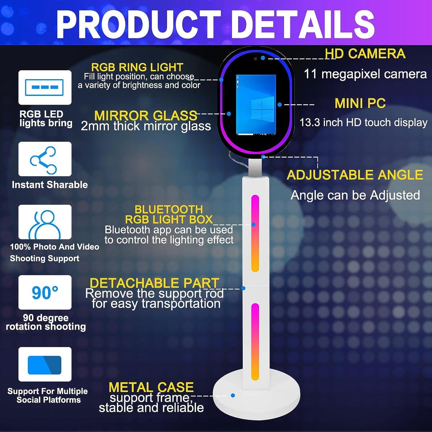 ROOMEDAL 13.3 In Portable Touch Mirror Photo Booth Built-in Mini PC & Camera Photo Booth with Round Ring Light and Trolley Flight Case for Events Wedding Rental Business