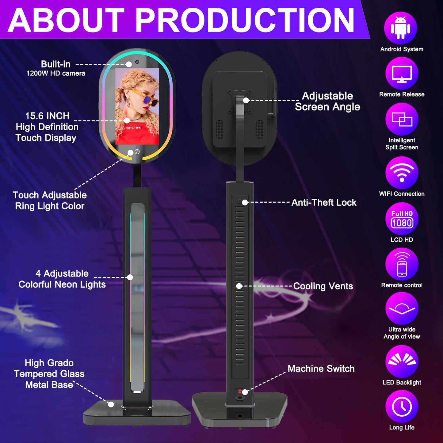 13.3 Inch Portable Mirror Photo Booth with Camera Magic Mirror Shell Stand Selfie Photobooth Machine Touch Screen with Round Ring Light and Flight Case