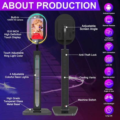 13.3 Inch Portable Mirror Photo Booth with Camera Magic Mirror Shell Stand Selfie Photobooth Machine Touch Screen with Round Ring Light and Flight Case