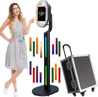 ROOMEDAL 13.3 In Portable Touch Mirror Photo Booth Built-in Mini PC & Camera Photo Booth with Round Ring Light and Trolley Flight Case for Events Wedding Rental Business