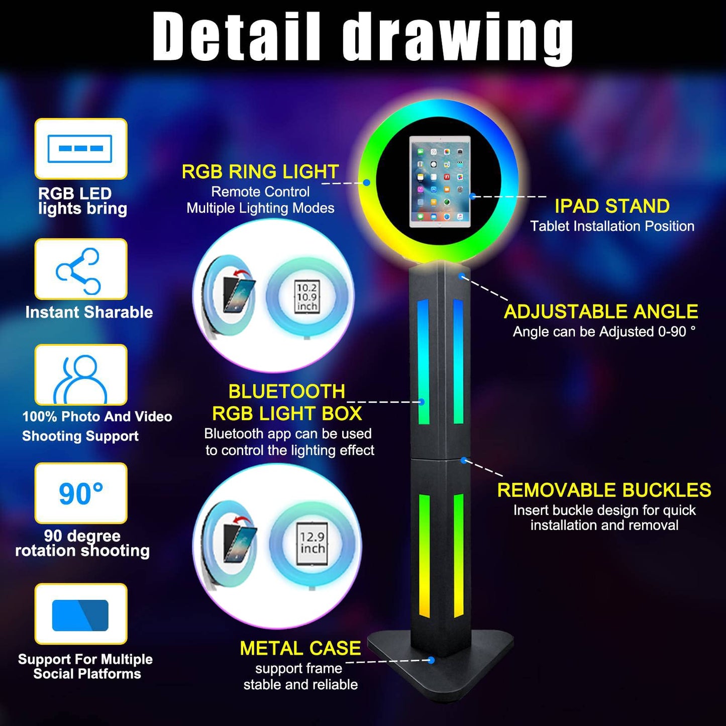 Photo Booth Shell Stand for IPad 10.2'' 10.9'' 11'' 12.9'' with Software APP Control Light Box Music Sync Metal RGB Ring Light Photobooth Machine with Honeycomb Box for Rental Business