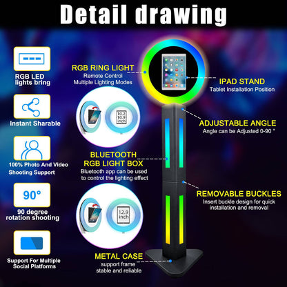 Photo Booth Shell Stand for IPad 10.2'' 10.9'' 11'' 12.9'' with Software APP Control Light Box Music Sync Metal RGB Ring Light Photobooth Machine with Honeycomb Box for Rental Business