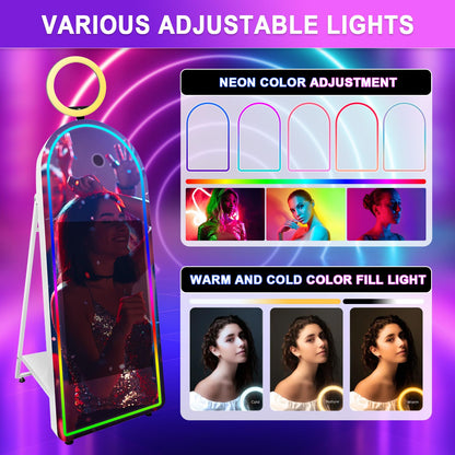 Mirror Photo Booth for Canon Camera Shell Stand Selfie Touch Screen Machine Photobooth with RGB Light Ring and Flight Case for Events Parties Wedding Rental