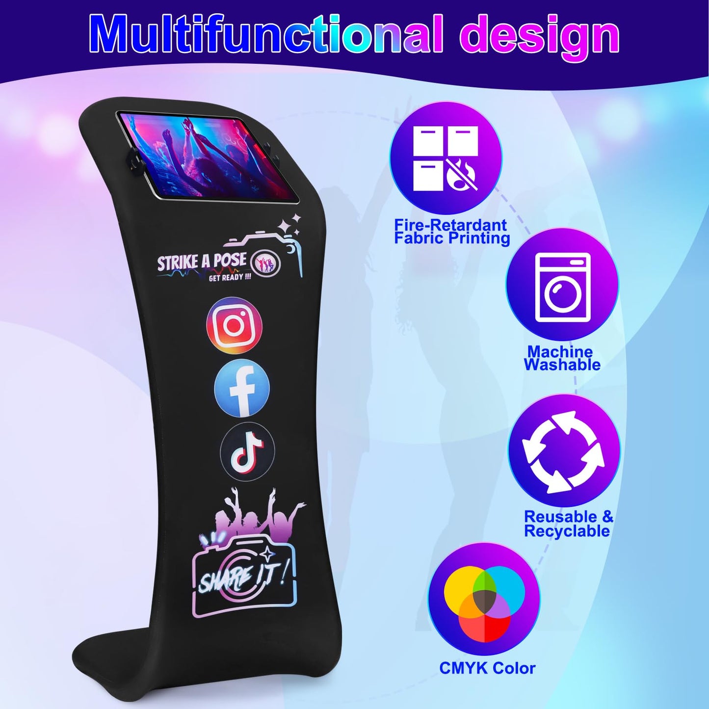 Photo Booth for iPad Holder Stands Sharing Shell Selfie Station with Logo Print Tension Fabric Display Tablet Kiosk Stand Printed Aluminum Alloy Photobooth with Portable Bag for Events Rental