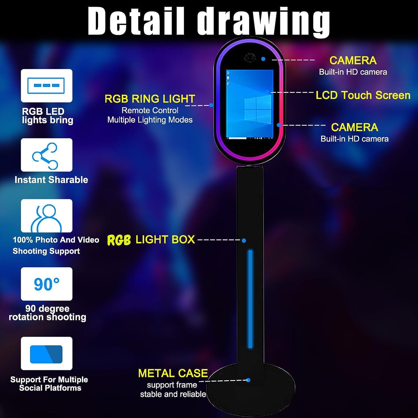 ROOMEDAL 13.3 In Portable Touch Mirror Photo Booth Built-in Mini PC & Camera Photo Booth with Round Ring Light and Flight Case for Events Wedding Rental Business