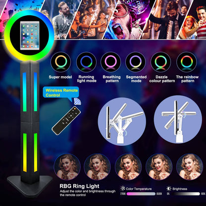 Photo Booth Shell Stand for IPad 10.2'' 10.9'' 11'' 12.9'' with Software APP Control Light Box Music Sync Metal RGB Ring Light Photobooth Machine with Honeycomb Box for Rental Business