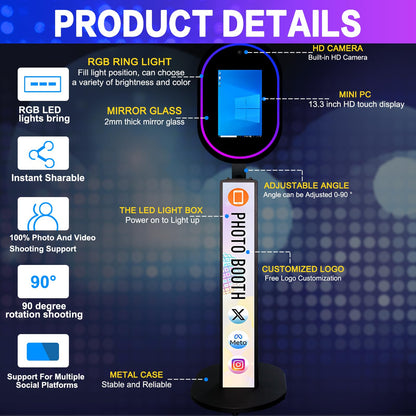 Mirror Photo Booth with Camera APP Software Magic Selfie Station Shell Stand Customized Logo Photobooth Machine Touch Screen with Ring Light and Flight Case for Events Wedding Rental