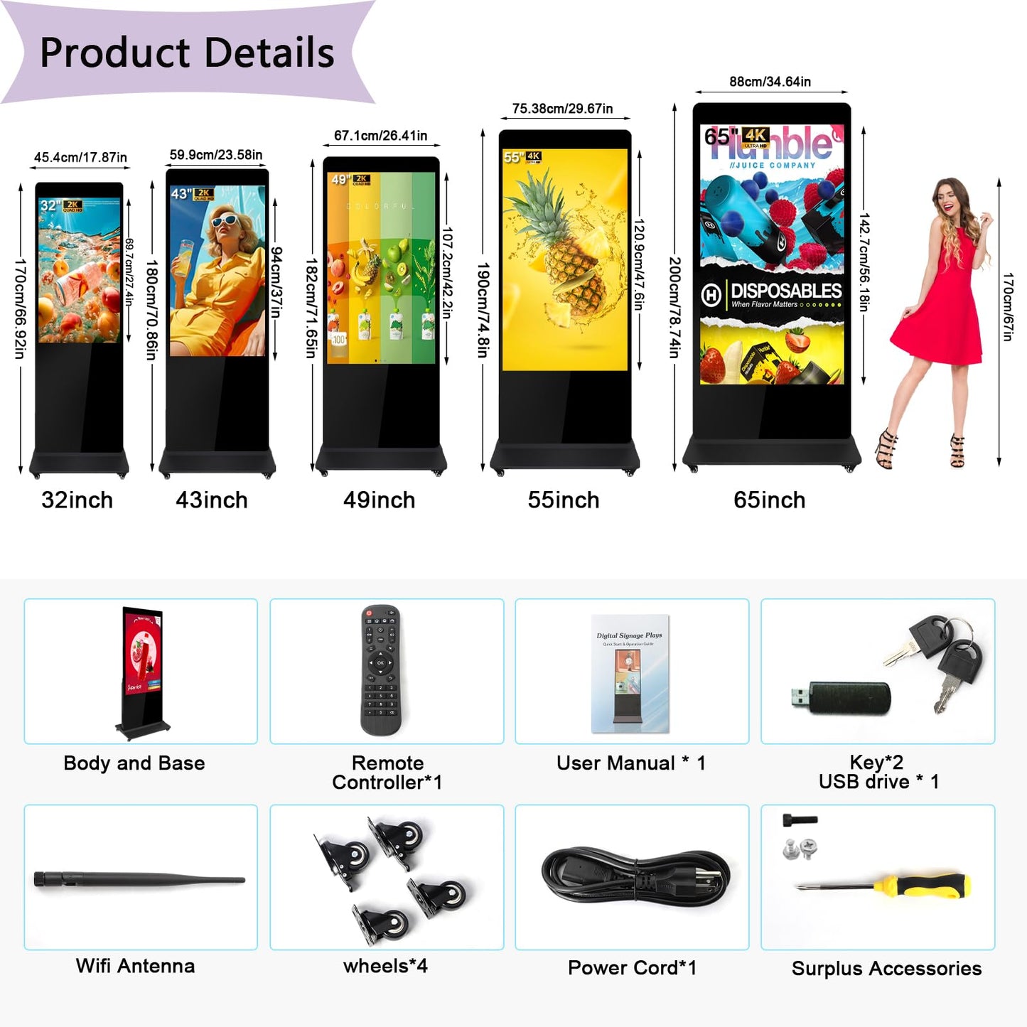 Digital Signage Displays Kiosks Advertizing Screen IPS Full HD LCD Screen Floor Standing Digital Interactive Display with WiFi HDMI/USB Input Auto AD Player, Android OS