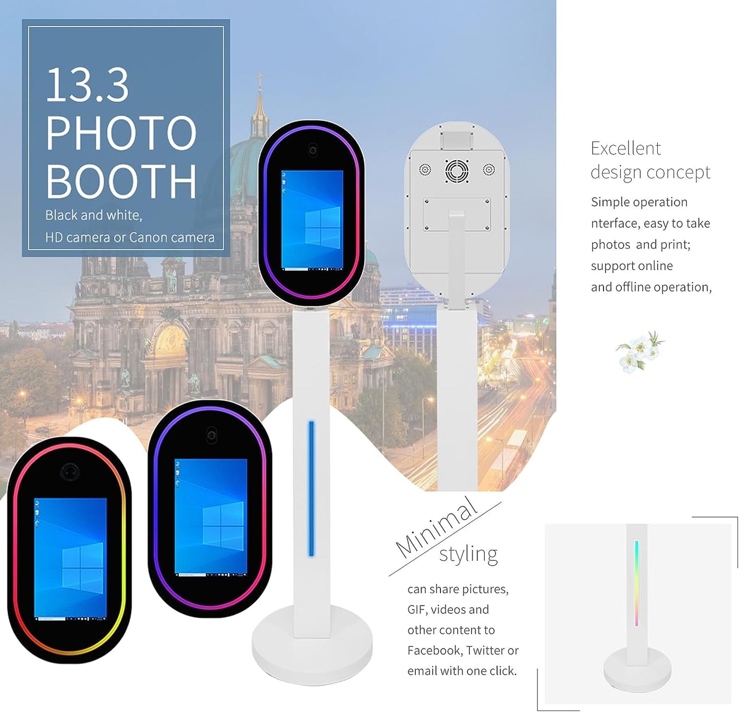 ROOMEDAL 13.3 In Portable Touch Mirror Photo Booth Built-in Mini PC & Camera Photo Booth with Round Ring Light and Flight Case for Events Wedding Rental Business