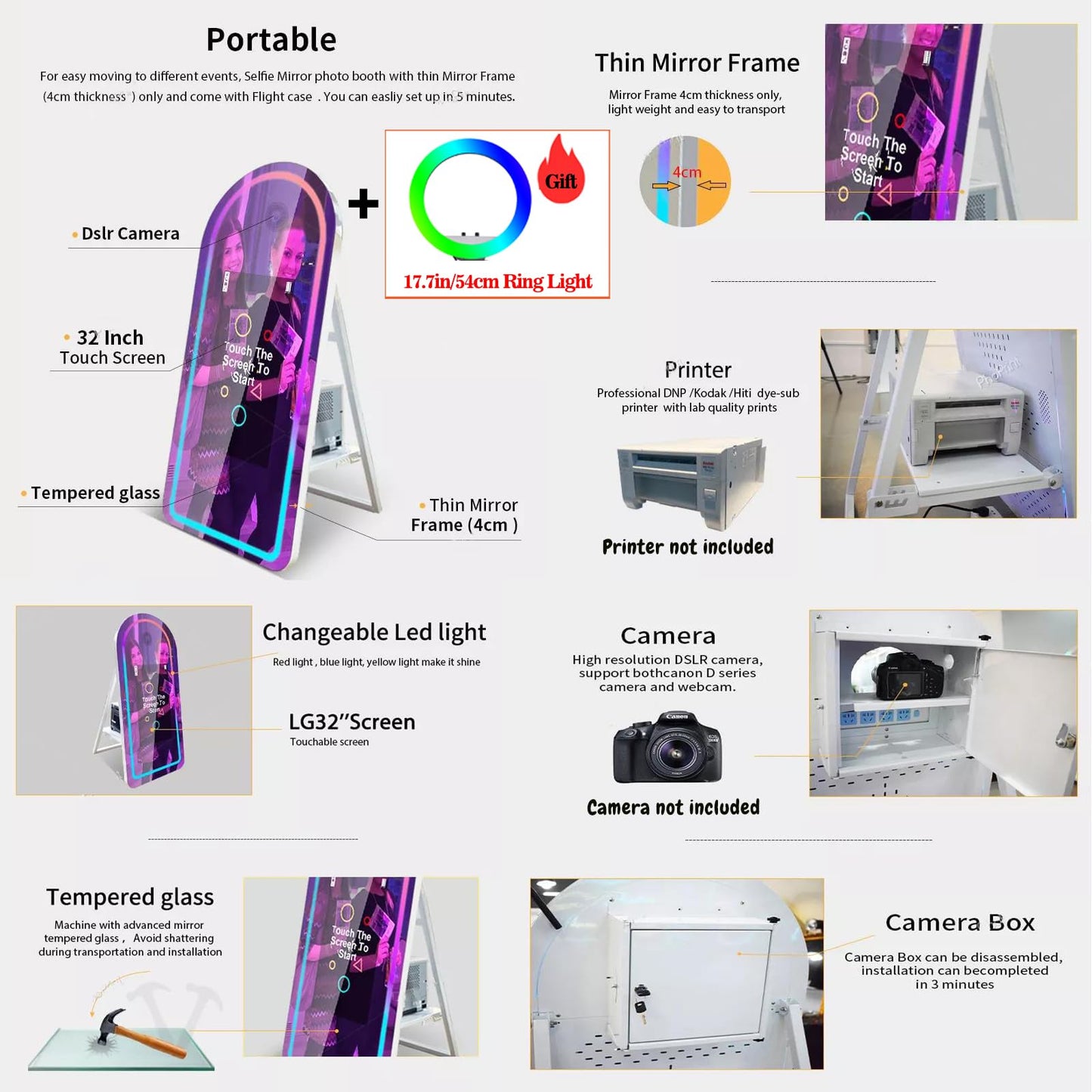 Magic Mirror Photo Booth for Camera, with 32in Touch All-in-one, Selfie Camera Photo Booth Selfie Station, Flight Case,for Parties,Wedding,Exhibition