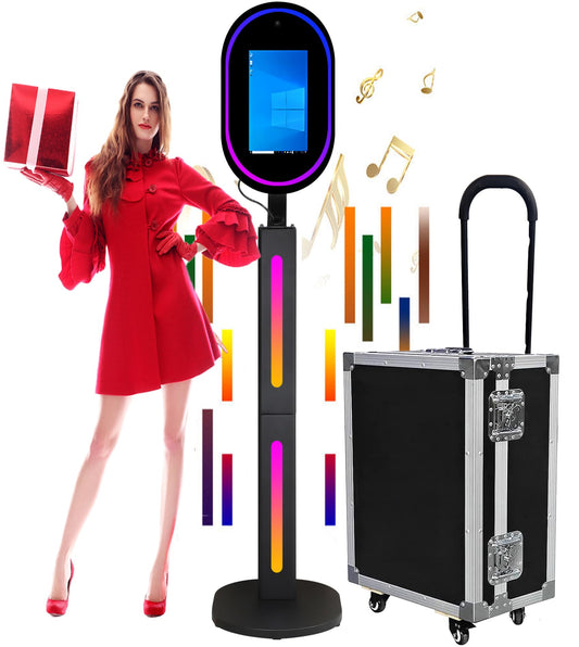 Mirror Photo Booth with Camera APP Software Magic Selfie Station Shell Stand Photobooth Machine Touch Screen with Ring Light and Trolley Flight Case for Events Wedding Rental Christmas