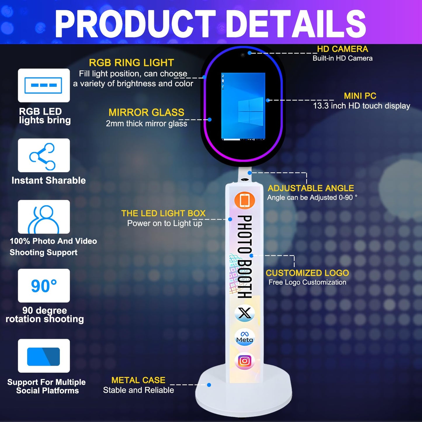 Mirror Photo Booth with Camera APP Software Magic Selfie Station Shell Stand Customized Logo Photobooth Machine Touch Screen with Ring Light and Flight Case for Events Wedding Rental
